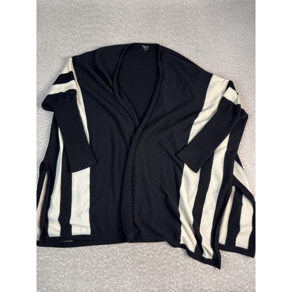 Worth New York Cardigan Sweater Womens Small Black Wool Open Front Stripe Knit